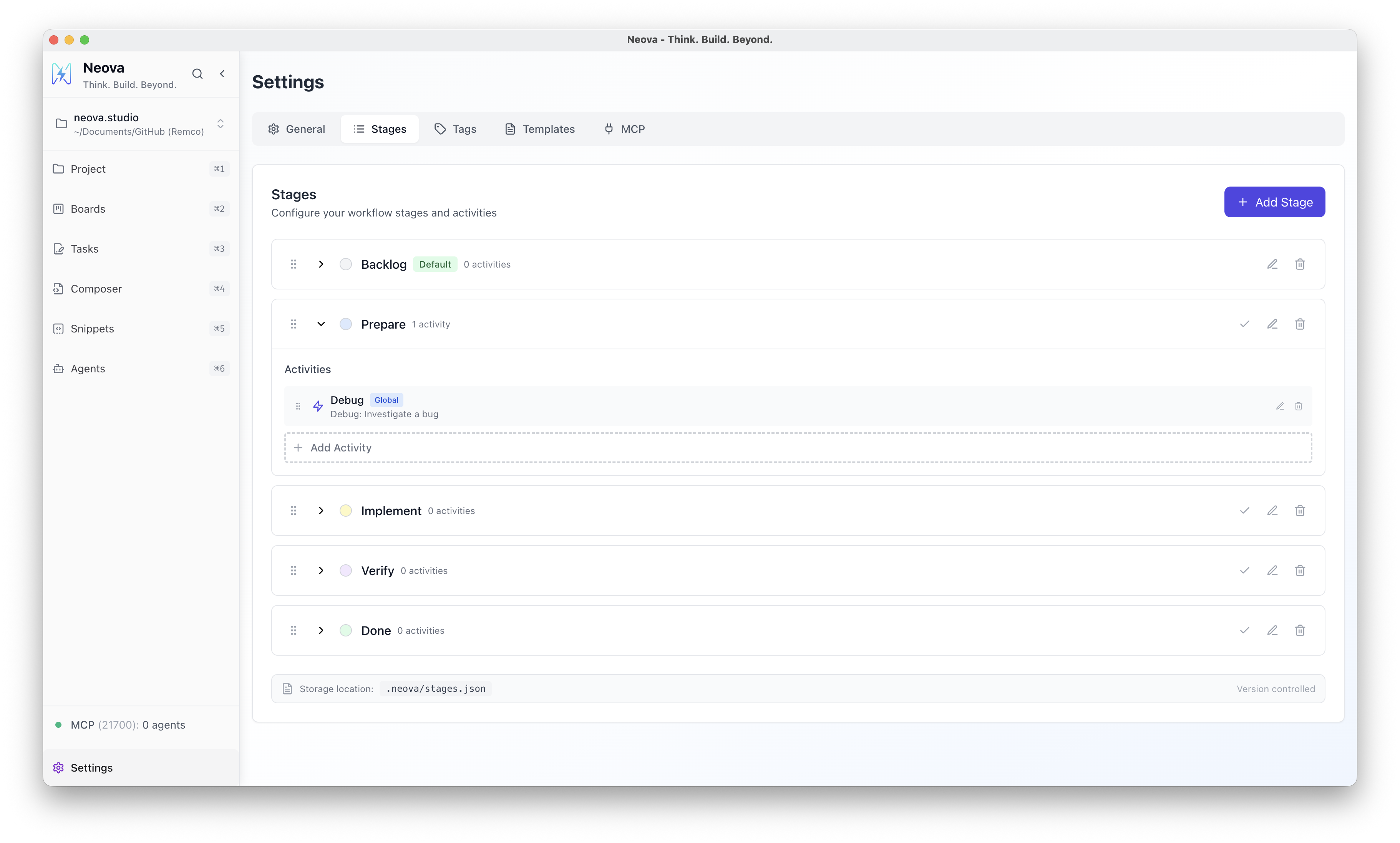 Neova Activity assigned to a Stage
